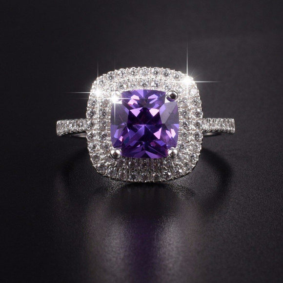 2ct Cushion Cut Purple Amethyst Engagement Ring 14k WhiteGold Finish Double Halo