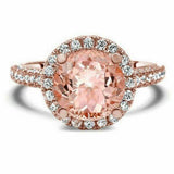 4.5ct Round Cut Peach Morganite Diamond Accents Halo Ring 14K Rose Gold Finish