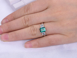 2.3ct Green Emerald Cut Engagement Ring Unique Trilogy 14k White Gold Finish