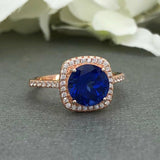 2ct Round Cut Blue Sapphire Halo Solitaire Engagement Ring 14k Rose Gold Finish