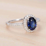 2.2ct Oval Cut Blue Sapphire Engagement Ring Diamond Halo 14k White Gold Finish