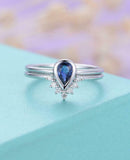 0.5ct Pear Cut Blue Sapphire Bezel Bridal Set Engagement Ring 14k WhiteGold Over
