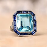 2.2ct Emerald Cut Simulated Aquamarine Art Deco Halo Ring 14k White Gold Plated