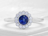 2.2ct Round Cut Blue Sapphire Milgrain Floral Halo Ring 14k White Gold Finish