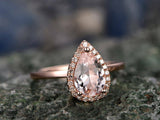 1.8Ct Pear Cut Peach Morganite Halo Solitaire Engagement Ring 14K Rose Gold Over