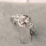 2ct Oval Cut Morganite Engagement Ring Diamond Halo Trilogy 14k White Gold Over
