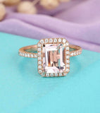 2ct Emerald Cut Peach Morganite Diamond Halo Engagement Ring 14k RoseGold Finish