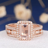 2.5ct Emerald Simulated Morganite Halo Anniversary Trio Set 14k Rose Gold Plated