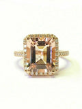 5.5ct Emerald Cut Morganite Exquisite Halo Engagement Ring 14K Rose Gold Finish