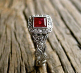 2Ct Princess Cut Pink Ruby Vintage Halo Engagement Ring 14K White Gold Finish