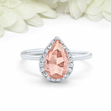 3ct Pear Morganite Engagement Ring Diamond Halo Minimalist 14k White Gold Finish