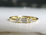 Round Accent Trilogy Engagement Ring 1ct Baguette Diamond 14k Yellow Gold Finish