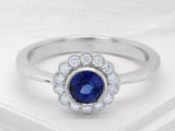 2.2ct Round Cut Blue Sapphire Milgrain Floral Halo Ring 14k White Gold Finish