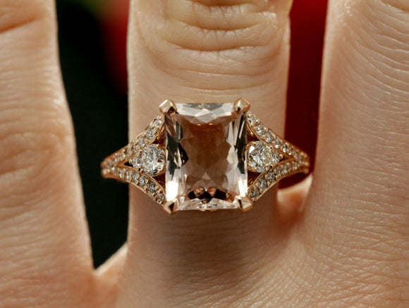 2ct Radiant Peach Morganite Vintage Split Band Engagement Ring 14k RoseGold Over