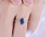 2ct Oval Cut Blue Sapphire Diamond Halo Round Accents Ring 14k Rose Gold Finish