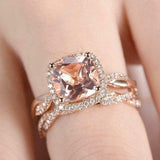 2.5ct Cushion Cut Peach Morganite Bridal Set Engagement Ring 18k Rose Gold Over