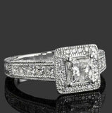 1.77ct Princess Diamond Engagement Ring Halo Milgrain Vintage 14k WhiteGold Over