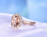 1.6ct Engagement Ring Oval Cut Peach Morganite Diamond Halo 14k Rose Gold Finish