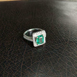 1.5ct Engagement Ring Green Emerald Cut Round Accent Halo 14k White Gold Finish