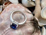 2.2ct Engagement Ring Asscher Cut Blue Sapphire Solitaire 14k White Gold Finish