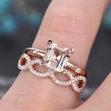 2ct Princess Cut Morganite Bridal Set Ring Infinity Band 14k Rose Gold Finish
