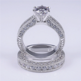 3ct Round Cut Diamond Engagement Ring 18k White Gold Finish Milgrain Bridal Set