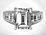 3Ct Emerald Cut Diamond Milgrain Iced Accent Engagement Ring 14K White Gold Over