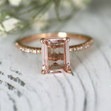 3.5Ct Emerald Cut Morganite Diamond Collar Engagement Ring 14K Rose Gold Finish