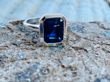2.6ct Emerald Cut Blue Emerald Bezel Set Solitaire Ring 14k White Gold Finish