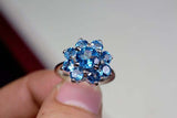 2.25ct Engagement Ring Round Cut Blue Topaz Floral Halo 14k White Gold Finish