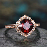 2Ct Cushion Cut Red Garnet Vintage Solitaire Engagement Ring 14K Rose Gold Over