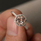 1.6ct Engagement Ring Round Cut Peach Morganite Halo 14k White Gold Finish