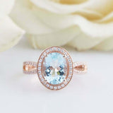 2.5ct Oval Cut Blue Aquamarine Ring Diamond Halo Split Shank 14k RoseGold Finish