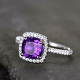 2.2ct Engagement Ring Cushion Cut Purple Amethyst Halo 14k White Gold Finish