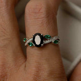 1.6ct Engagement Ring Oval Cut Black Diamond Leaf Accents 14k White Gold Finish