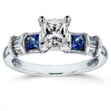 3ct Princess Cut Diamond Sapphire Accent Engagement Ring 14K White Gold Finish