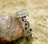 2Ct Cushion Cut Diamond Ruby Vintage Halo Engagement Ring 14K White Gold Finish