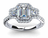 3ct Emerald Cut Diamond 3 Stone Halo Fancy Engagement Ring 14k White Gold Finish