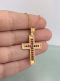 1ct Round Cut Pink Ruby Pendant with Chain Milgrain Cross 14k Yellow Gold Finish