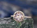 2Ct Round Cut Peach Morganite 6 Prong Halo Engagement Ring 14K Rose Gold Finish