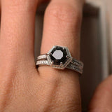 2ct Engagement Ring Round Cut Black Diamond Bridal Set Halo 14k WhiteGold Finish
