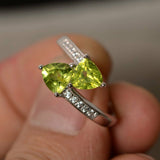 2ct Trillion Cut Green Peridot Double Stone Engagement Ring 14k WhiteGold Finish