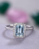 3Ct Emerald Cut Blue Aquamarine Halo Ring 14K White Gold Over with Round Accents