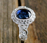 3Ct Oval Cut Blue Sapphire Vintage Halo Engagement Ring 14K White Gold Finish