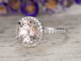 3ct Round Cut Peach Morganite Engagement Ring Diamond Halo 14k White Gold Finish