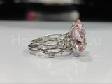 4ct Pear Simulated Peach Morganite Twig Leaf Bridal Set 14k  White Gold Plated