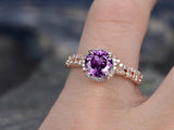 2Ct Round Cut Purple Amethyst Bridal Set Halo Engagement Ring 14K Rose Gold Over