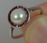 1ct Ruby Pearl Art Deco Solitaire Ring 14k White Gold Finish