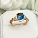 2.55ct Engagement Ring Round Cut London Blue Topaz Halo 14k Yellow Gold Finish