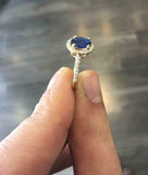2ct Oval Cut Blue Sapphire Halo Solitaire with Accent Ring 14k YellowGold Finish